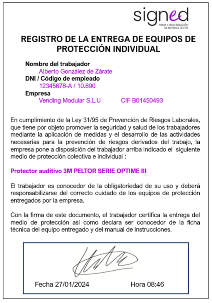 Registro de entrega de EPIS Signed Gesmatik
